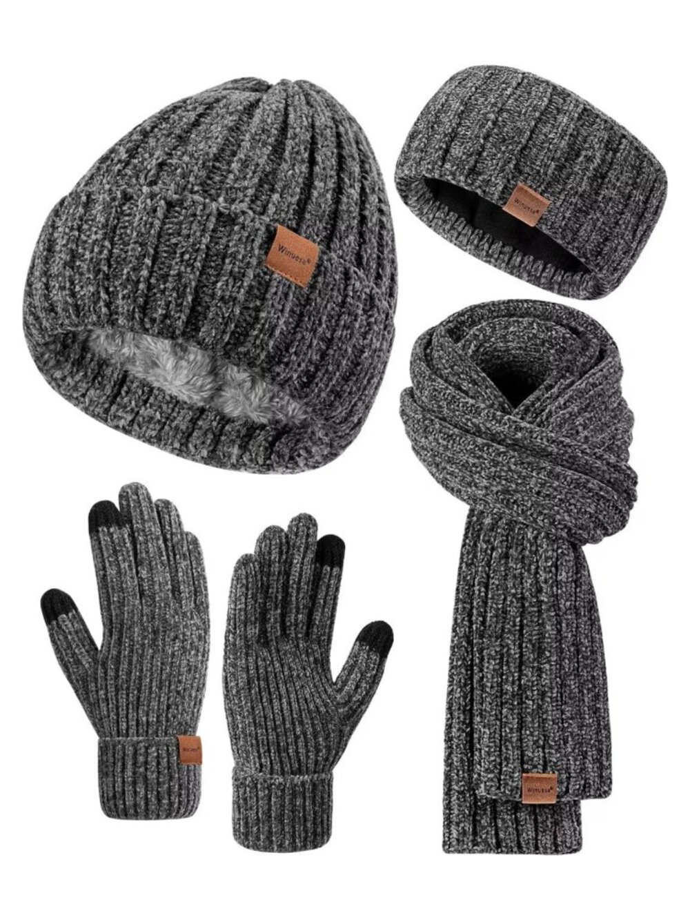 Chenille Winter Beanie Scarf Gloves Headband Set Fleece Lined Touchscreen 4